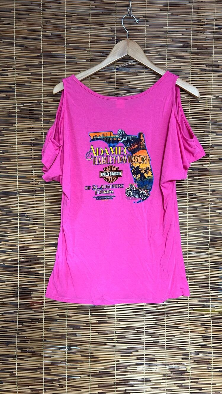 Harley Davidson St. Augustine Florida Cold Shoulder Womens T Shirt Hot Pink XL